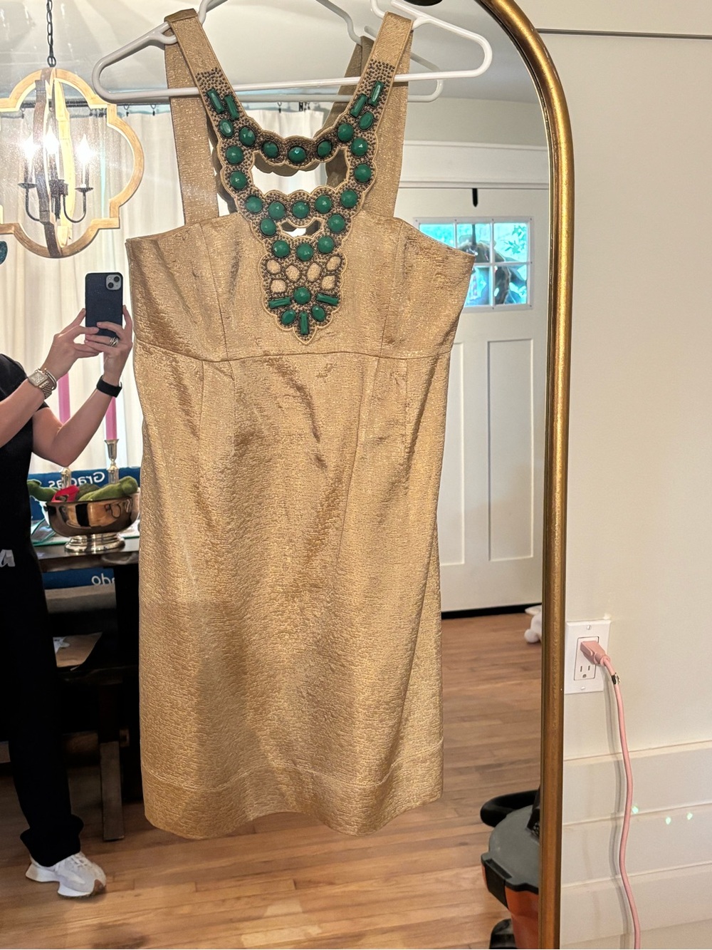 Shoshanna Gold Midi Dress with Green Gem Neckline